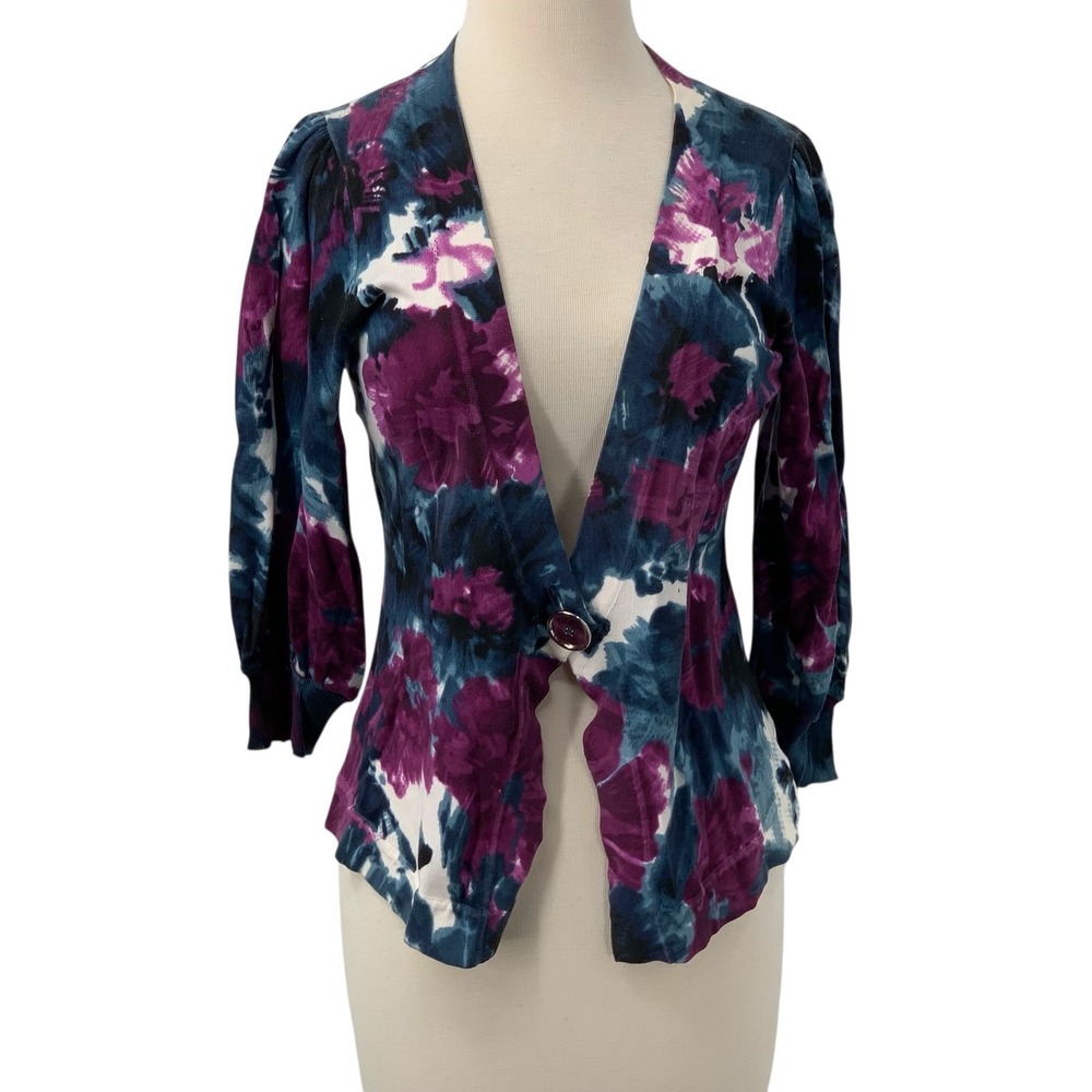 Anne Klein‎ 3/4 Sleeve V-Neck Open Front Cardigan Sweater Purple Blue Size S